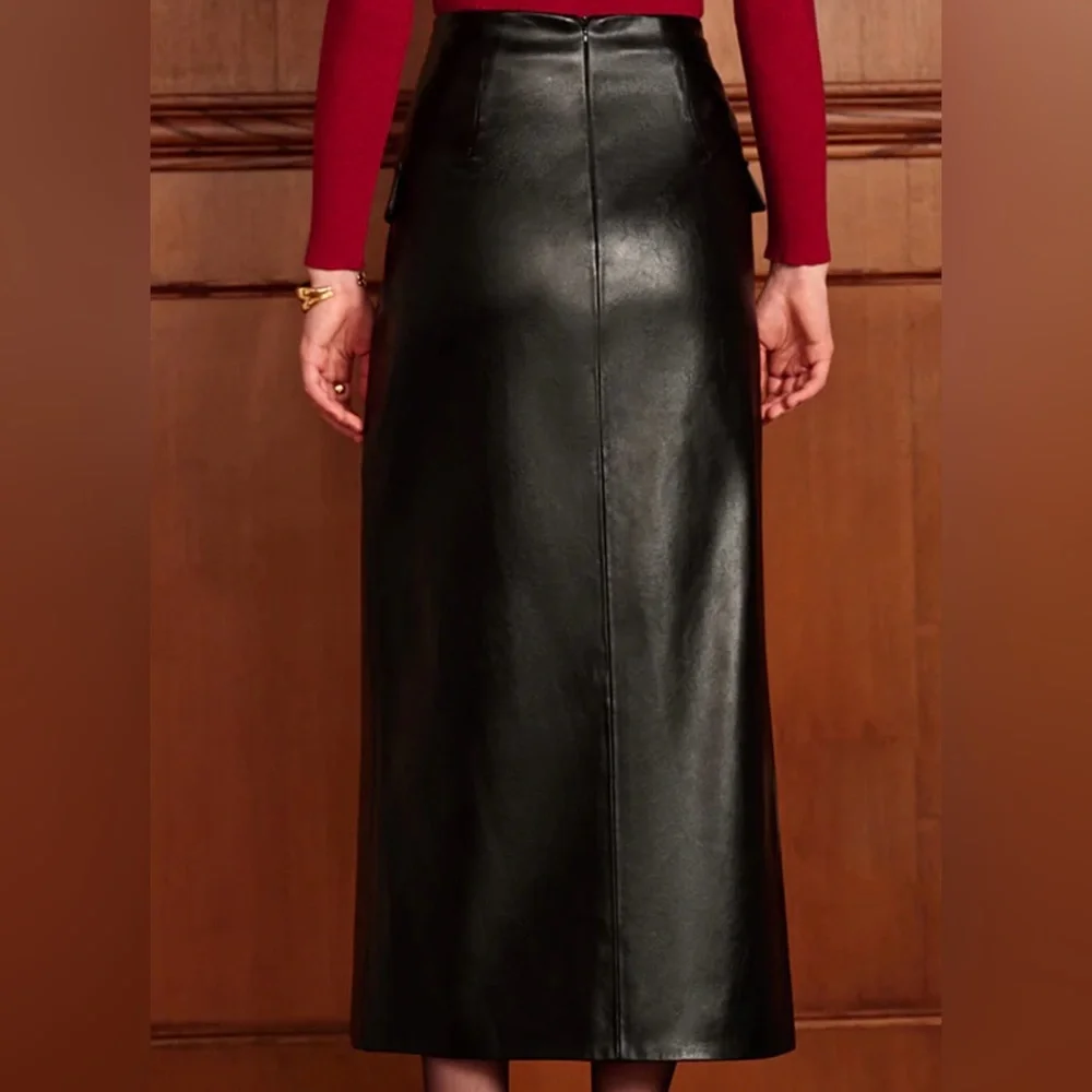 NWT Commense Black PU Leather Buttoned Straight Maxi Skirt - Sz L